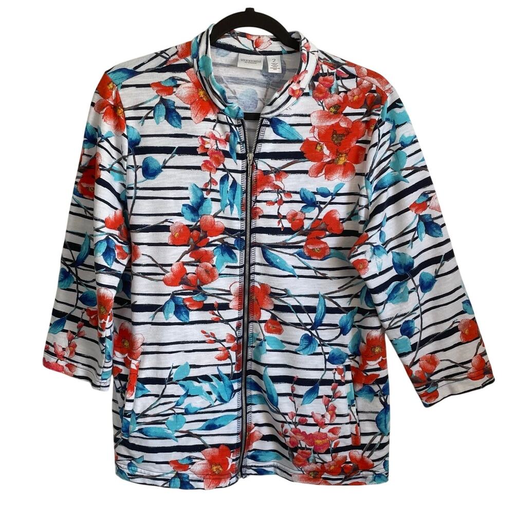 Chico's Weekends Full Zip Jacket Sz L Lightweight Floral Pockets Beachy Coastal